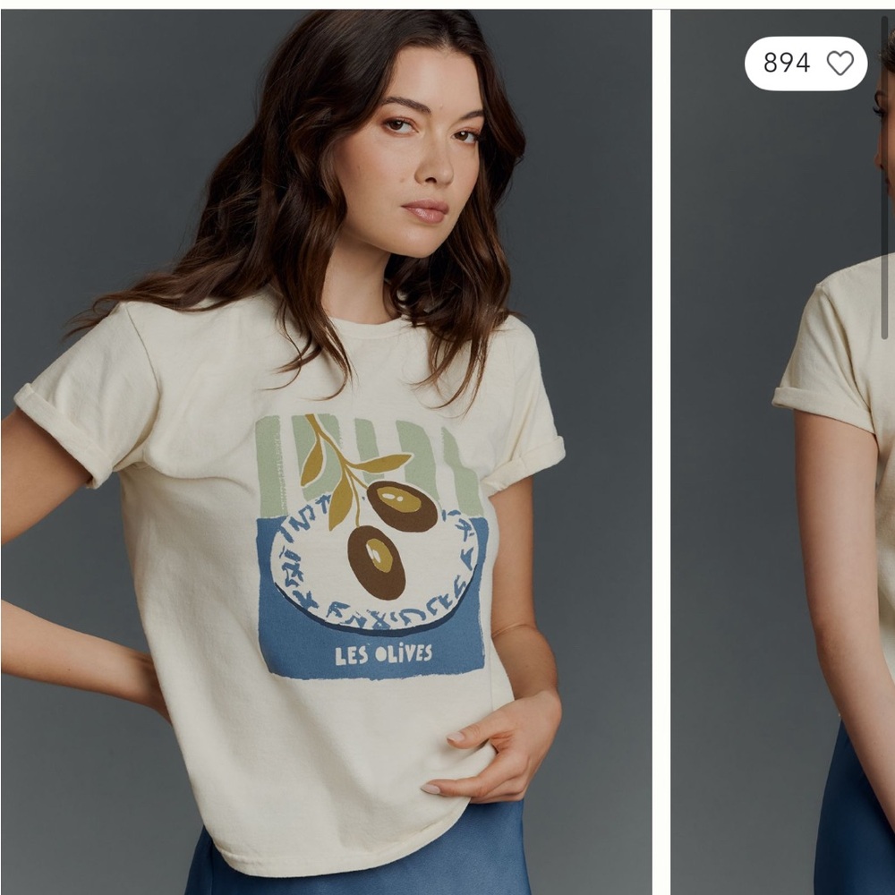 Anthropologie Cream Short Sleeve Tee with Olive Graphic